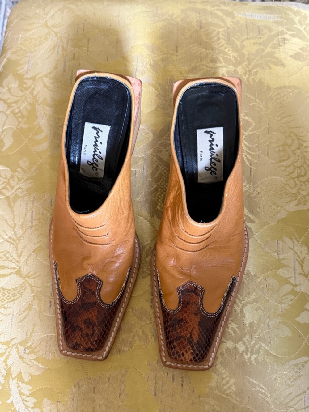 Tan Leather Mules with Brown Snakeskin Accent